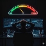 A person at work looking at many screens, tired with a scale above him saying care vs efficiency
